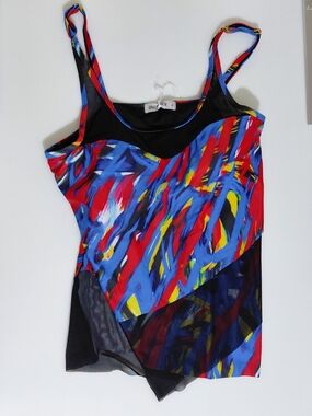 NWT Size XL Grace Karin Red Multi Print Asymmetric Mesh Tanki Swimsuit
